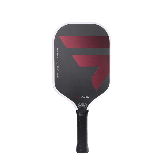 Fortix elongated pickleball paddle front view, red stripes on black face, white frame, grip