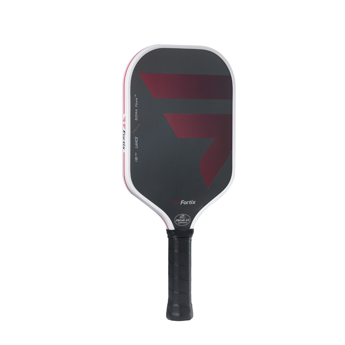 Fortix elongated pickleball paddle, white frame, red chevrons on black face, textured handle