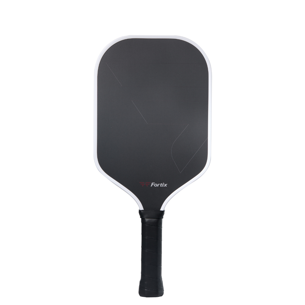 Fortix elongated pickleball paddle back, black hitting surface with white rim, black grip