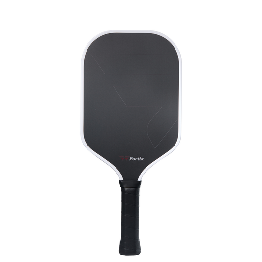 Fortix elongated pickleball paddle back, black hitting surface with white rim, black grip